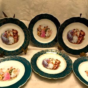 Six Decorative KPM Germany plates. 8 1/2”. Greek scenes. Green rim.